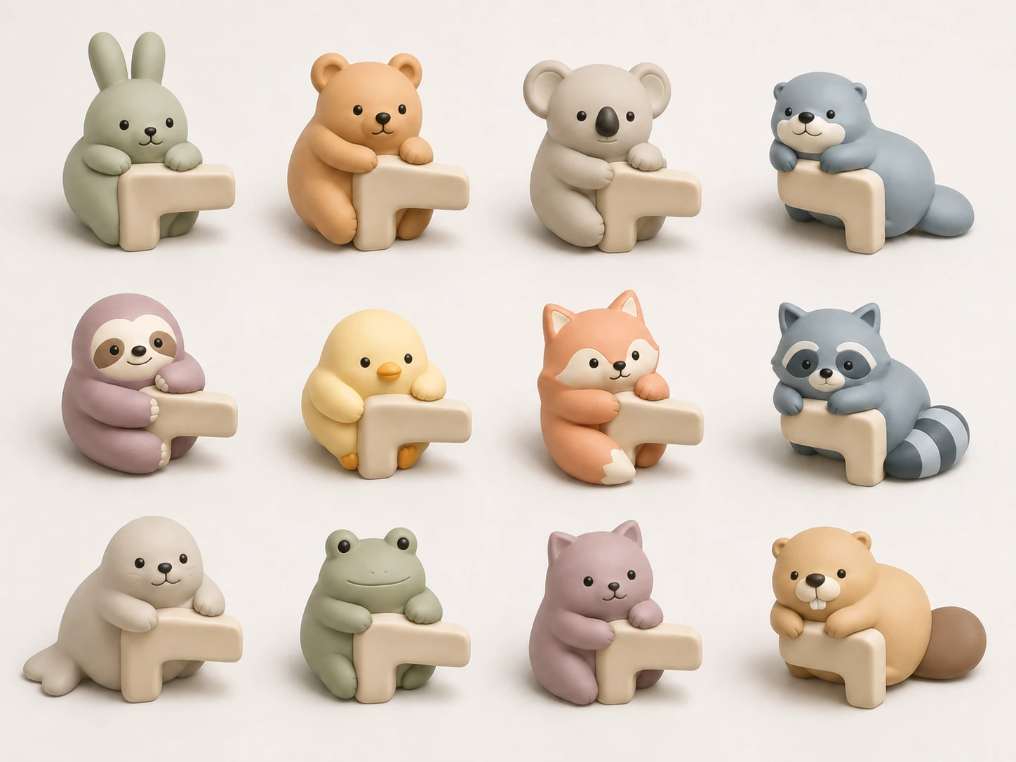 Zwölf minimalistische Tierfiguren in sanften Farben